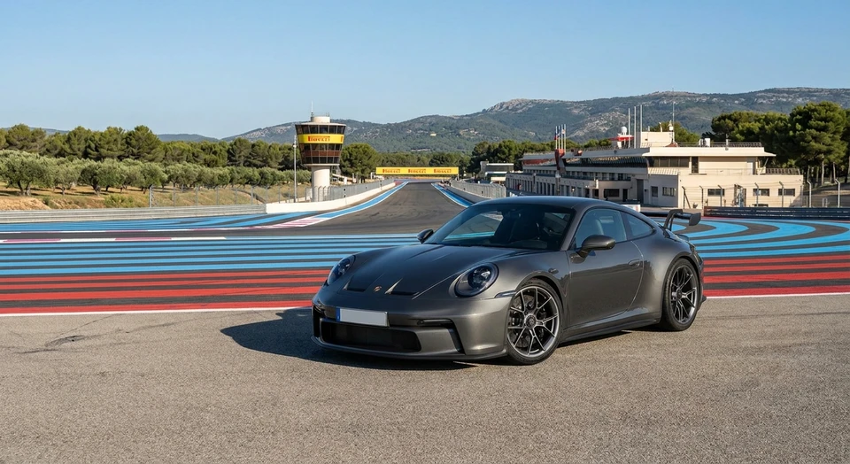 Photographie d'une Porsche de sport (modèle sportif haut de gamme comme 911 ou 718) de couleur foncée garée à proximité immédiate de la piste ou du paddock du circuit Paul Ricard, avec les installations du circuit visibles en arrière-plan (tribunes, virage ou bâtiments caractéristiques), par beau temps. L'image doit transmettre la proximité directe entre l'atelier et le circuit, favorisant une préparation piste optimale.